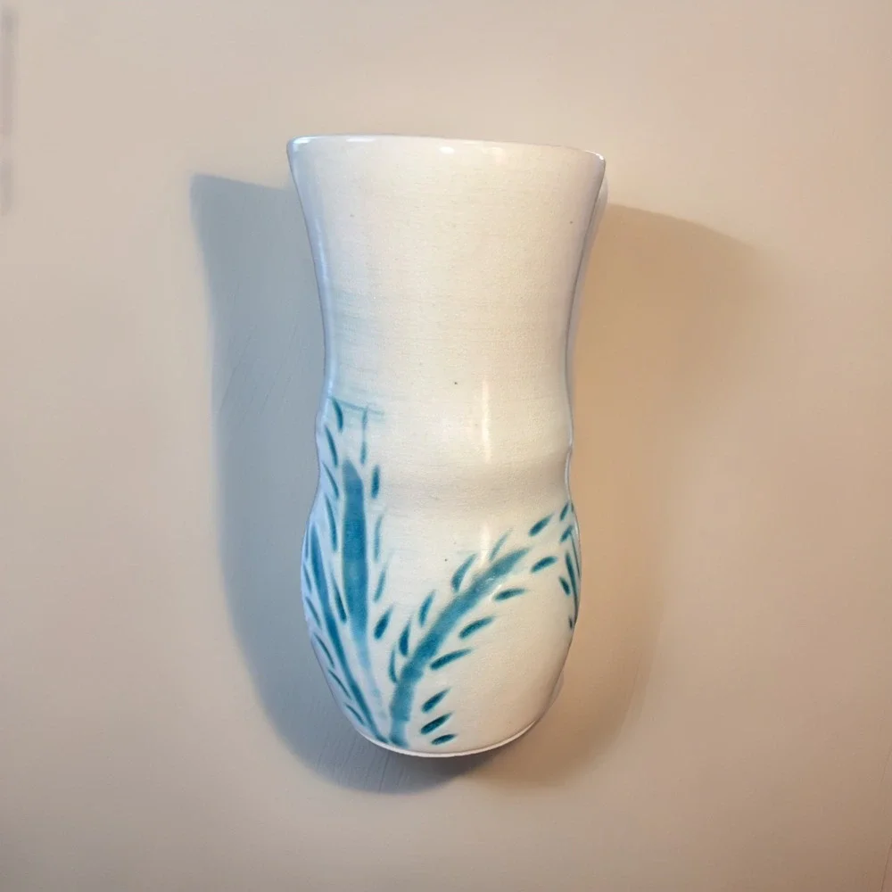 Vintage Stoneware Pottery Ceramic Vase White/teal Signed Kloock '85 Unique‎ 6.5